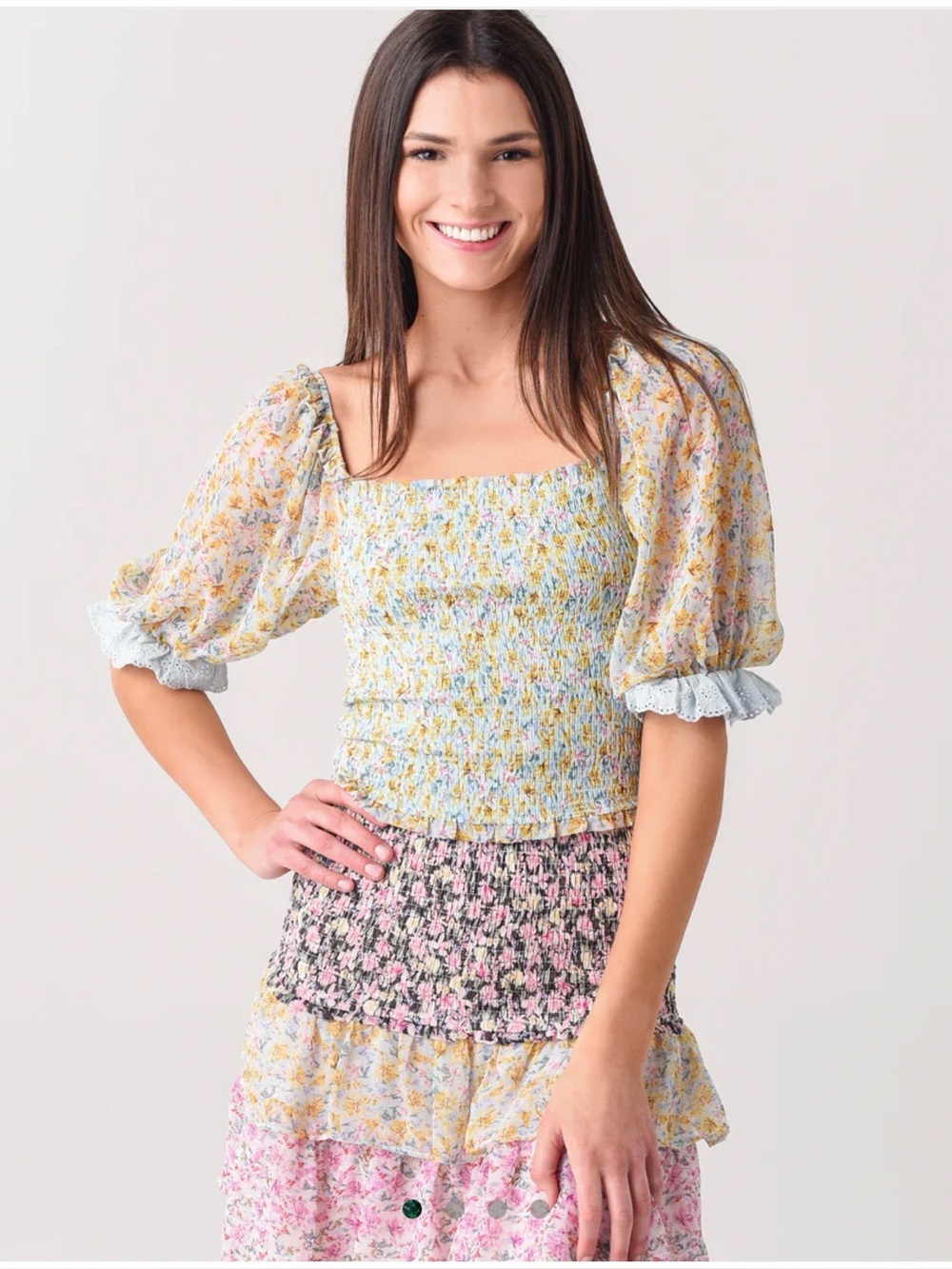 Allison Smocked Blouse Puff Sleeve Ditsy Floral Square Neck Green Peasant Top M